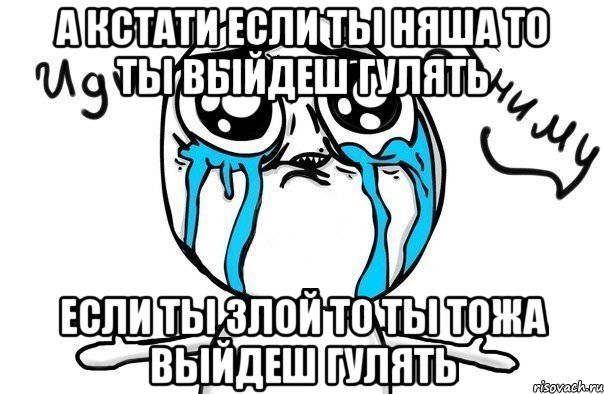 А КСТАТИ ЕСЛИ ТЫ НЯША ТО ТЫ ВЫЙДЕШ ГУЛЯТЬ ЕСЛИ ТЫ ЗЛОЙ ТО ТЫ ТОЖА ВЫЙДЕШ ГУЛЯТЬ, Мем Иди обниму