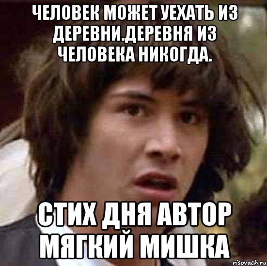 Человек может уехать из деревни.деревня из человека никогда. стих дня автор Мягкий Мишка, Мем А что если (Киану Ривз)