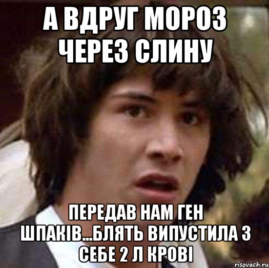 А вдруг Мороз через слину передав нам ген шпаків...блять випустила з себе 2 л крові, Мем А что если (Киану Ривз)