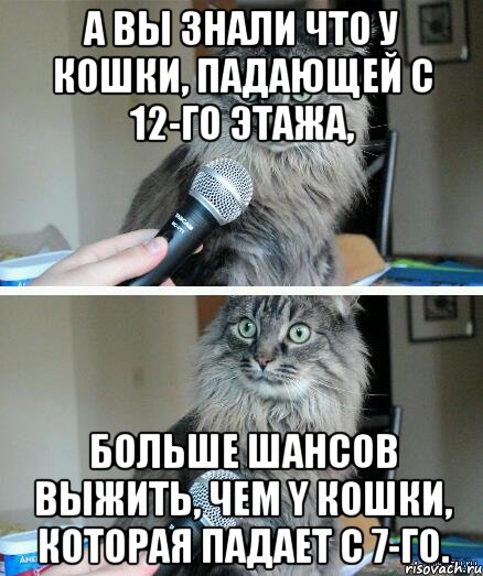 А вы знали что у кошки, падающей с 12-го этажа, больше шансов выжить, чем y кошки, котоpая падает с 7-го., Комикс  кот с микрофоном