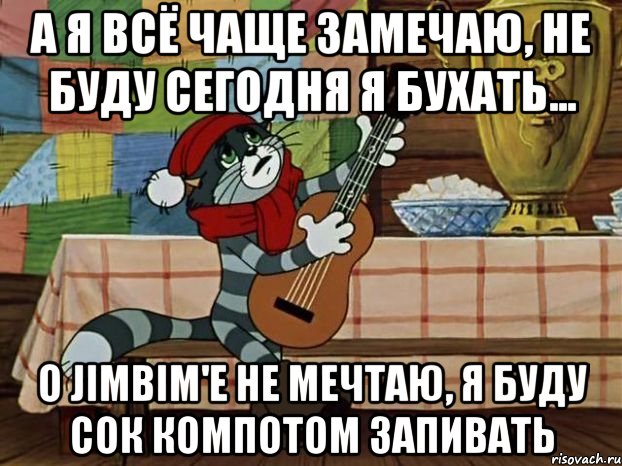 А я всё чаще замечаю, Не буду сегодня я бухать... О JimBim'е не мечтаю, Я буду сок компотом запивать, Мем Кот Матроскин с гитарой