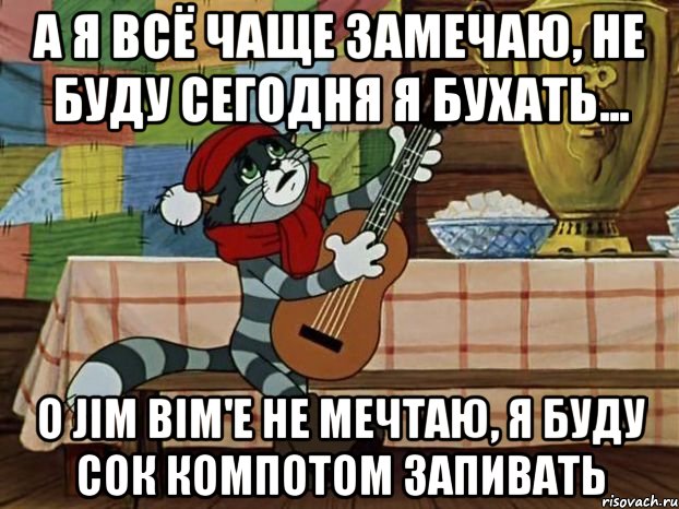 А я всё чаще замечаю, Не буду сегодня я бухать... О Jim Bim'е не мечтаю, Я буду сок компотом запивать, Мем Кот Матроскин с гитарой