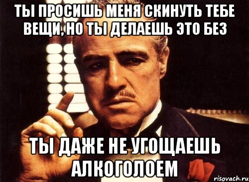 Ты просишь меня скинуть тебе вещи, но ты делаешь это без ты даже не угощаешь алкоголоем, Мем крестный отец