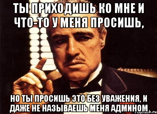 Ты приходишь ко мне и что-то у меня просишь, но ты просишь это без уважения, и даже не называешь меня админом, Мем крестный отец