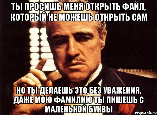 ты просишь меня открыть файл, который не можешь открыть сам но ты делаешь это без уважения, даже мою фамилию ты пишешь с маленькой буквы, Мем крестный отец