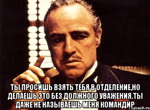  ты просишь взять тебя в отделение,но делаешь это без должного уважения.ты даже не называешь меня командир, Мем крестный отец