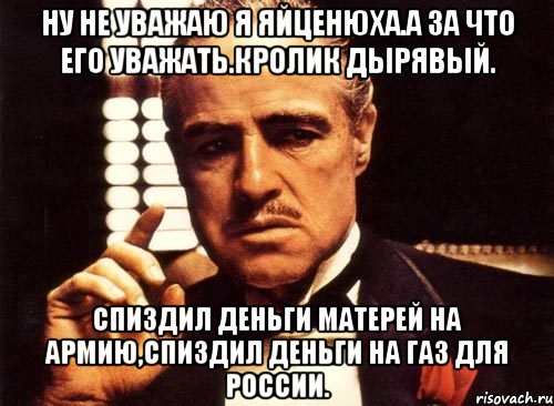 Ну не уважаю я яйценюха.а за что его уважать.кролик дырявый. Спиздил деньги матерей на армию,спиздил деньги на газ для россии., Мем крестный отец