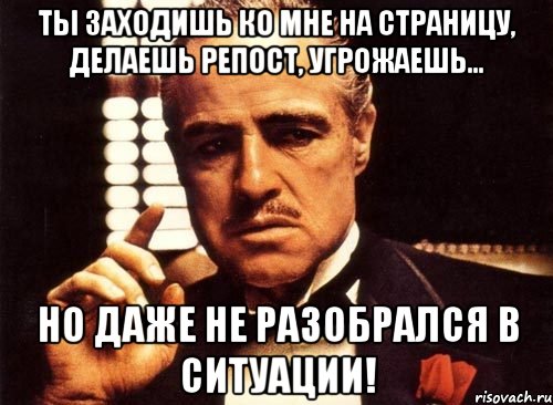 Ты заходишь ко мне на страницу, делаешь репост, угрожаешь... но даже не разобрался в ситуации!, Мем крестный отец