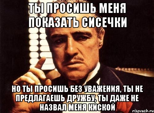 ты просишь меня показать сисечки Но ты просишь без уважения, ты не предлагаешь дружбу, ты даже не назвал меня киской, Мем крестный отец