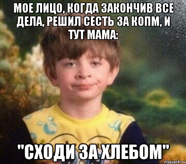 Мое лицо, когда закончив все дела, решил сесть за копм, и тут мама: "Сходи за хлебом", Мем Недовольный пацан