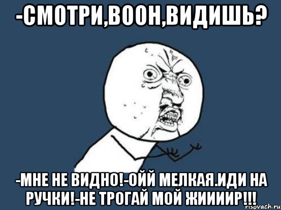 -Смотри,воон,видишь? -Мне не видно!-Ойй мелкая.Иди на ручки!-НЕ ТРОГАЙ МОЙ ЖИИИИР!!!, Мем Ну почему