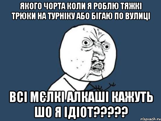 якого чорта коли я роблю тяжкі трюки на турніку або бігаю по вулиці всі мєлкі алкаші кажуть шо я ідіот?????, Мем Ну почему