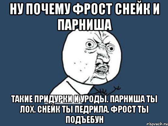 НУ ПОЧЕМУ ФРОСТ СНЕЙК И ПАРНИША ТАКИЕ ПРИДУРКИ И УРОДЫ. ПАРНИША ТЫ ЛОХ. СНЕЙК ТЫ ПЕДРИЛА. ФРОСТ ТЫ ПОДЪЕБУН, Мем Ну почему