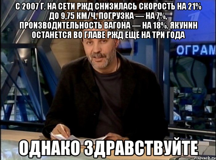 с 2007 г. На сети РЖД снизилась скорость на 21% до 9,75 км/ч, погрузка — на 7%, производительность вагона — на 18%. Якунин останется во главе РЖД еще на три года Однако здравствуйте, Мем Однако Здравствуйте