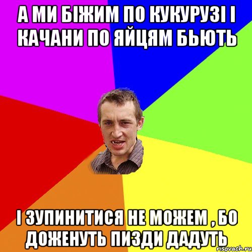 а ми біжим по кукурузі і качани по яйцям бьють і зупинитися не можем , бо доженуть пизди дадуть, Мем Чоткий паца