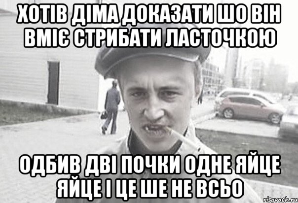 хотів діма доказати шо він вміє стрибати ласточкою одбив дві почки одне яйце яйце і це ше не всьо, Мем Пацанська философия