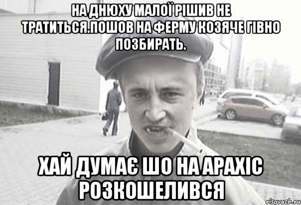 на днюху малої рішив не тратиться.пошов на ферму козяче гівно позбирать. хай думає шо на арахіс розкошелився, Мем Пацанська философия