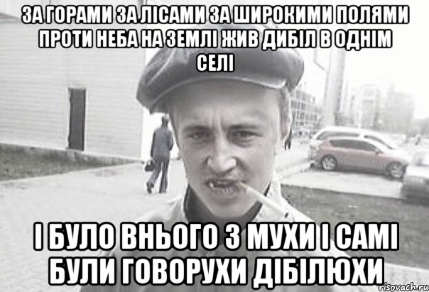 за горами за лісами за широкими полями проти неба на землі жив дибіл в однім селі і було внього 3 мухи і самі були говорухи дібілюхи