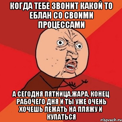 Когда тебе звонит какой то еблан со своими процессами А сегодня пятница,жара, конец рабочего дня и ты уже очень хочешь лежать на пляжу и купаться, Мем Почему