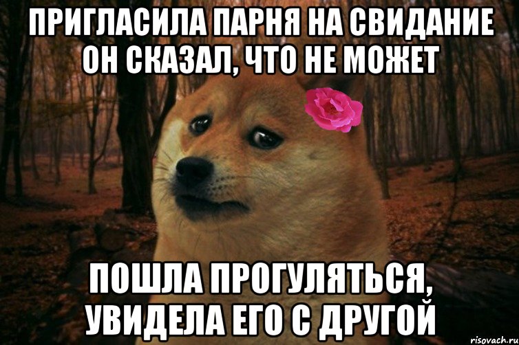 пригласила парня на свидание он сказал, что не может пошла прогуляться, увидела его с другой, Мем  SAD DOGE GIRL