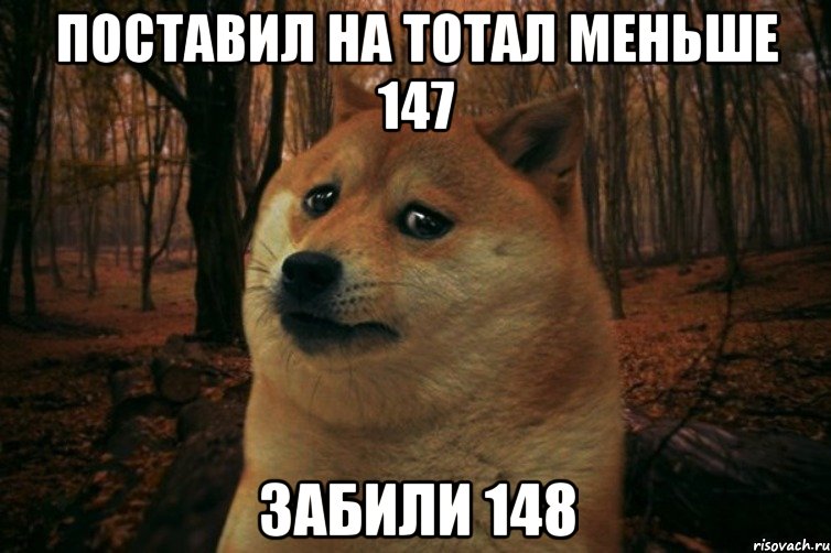 ПОСТАВИЛ НА ТОТАЛ МЕНЬШЕ 147 ЗАБИЛИ 148, Мем SAD DOGE