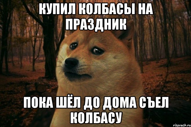 Купил колбасы на праздник Пока шёл до дома съел колбасу, Мем SAD DOGE