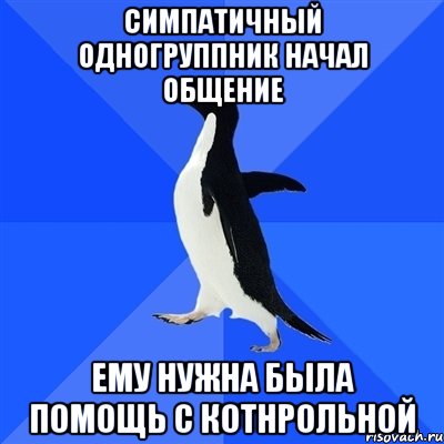 симпатичный одногруппник начал общение ему нужна была помощь с котнрольной, Мем  Социально-неуклюжий пингвин