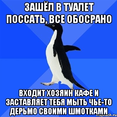 Зашёл в туалет поссать, все обосрано Входит хозяин кафе и заставляет тебя мыть чье-то дерьмо своими шмотками