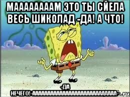 Маааааааам это ты сйела весь шиколад -Да! А что! -Да НЕЧЕГО!-АААААААААААААААААААААААААААА-, Мем Спанч Боб плачет