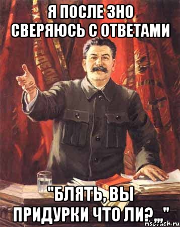 Я после ЗНО сверяюсь с ответами "Блять, вы придурки что ли?,,,", Мем  сталин цветной