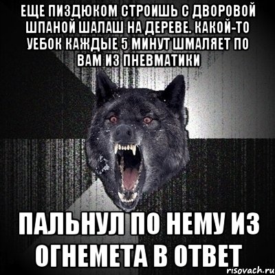 ЕЩЕ ПИЗДЮКОМ СТРОИШЬ С ДВОРОВОЙ ШПАНОЙ ШАЛАШ НА ДЕРЕВЕ. КАКОЙ-ТО УЕБОК КАЖДЫЕ 5 МИНУТ ШМАЛЯЕТ ПО ВАМ ИЗ ПНЕВМАТИКИ ПАЛЬНУЛ ПО НЕМУ ИЗ ОГНЕМЕТА В ОТВЕТ, Мем Сумасшедший волк