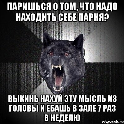 ПАРИШЬСЯ О ТОМ, ЧТО НАДО НАХОДИТЬ СЕБЕ ПАРНЯ? ВЫКИНЬ НАХУЙ ЭТУ МЫСЛЬ ИЗ ГОЛОВЫ И ЕБАШЬ В ЗАЛЕ 7 РАЗ В НЕДЕЛЮ, Мем Сумасшедший волк