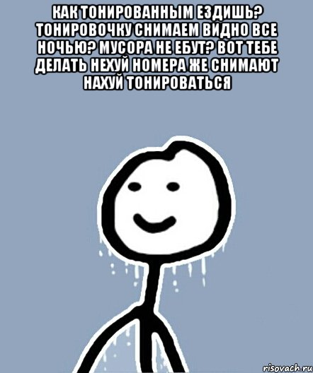 Как тонированным ездишь? Тонировочку снимаем Видно все ночью? Мусора не ебут? Вот тебе делать нехуй Номера же снимают Нахуй тонироваться , Мем  Теребонька замерз