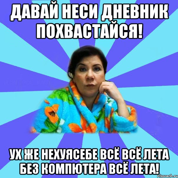 давай неси дневник похвастайся! ух же нехуясебе всё всё лета без компютера всё лета!, Мем типичная мама