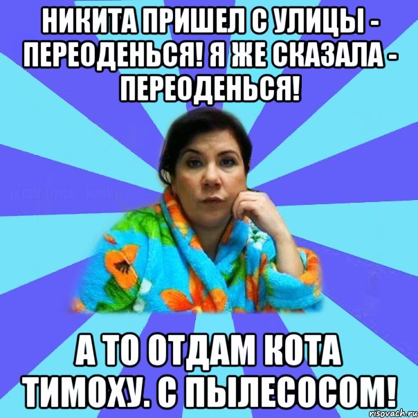 Никита Пришел с улицы - переоденься! Я же сказала - переоденься! А то отдам кота Тимоху. С пылесосом!, Мем типичная мама