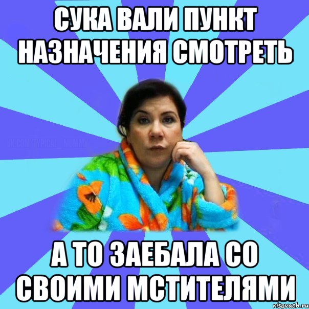 СУКА ВАЛИ ПУНКТ НАЗНАЧЕНИЯ СМОТРЕТЬ А ТО ЗАЕБАЛА СО СВОИМИ МСТИТЕЛЯМИ, Мем типичная мама