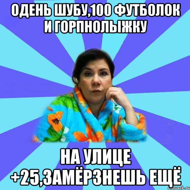 Одень шубу,100 футболок и горпнолыжку на улице +25,замёрзнешь ещё, Мем типичная мама