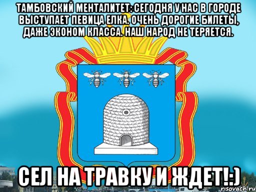 Тамбовский менталитет: Сегодня у нас в городе выступает певица Елка. Очень дорогие билеты, даже эконом класса. наш народ не теряется. Сел на травку и ждет!:), Мем Типичный Тамбов