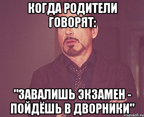 когда родители говорят: "завалишь экзамен - пойдёшь в дворники", Мем твое выражение лица