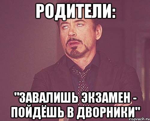 родители: "завалишь экзамен - пойдёшь в дворники", Мем твое выражение лица