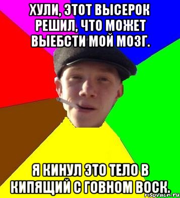 Хули, этот высерок решил, что может выебсти мой мозг. Я кинул это тело в кипящий с говном воск., Мем умный гопник