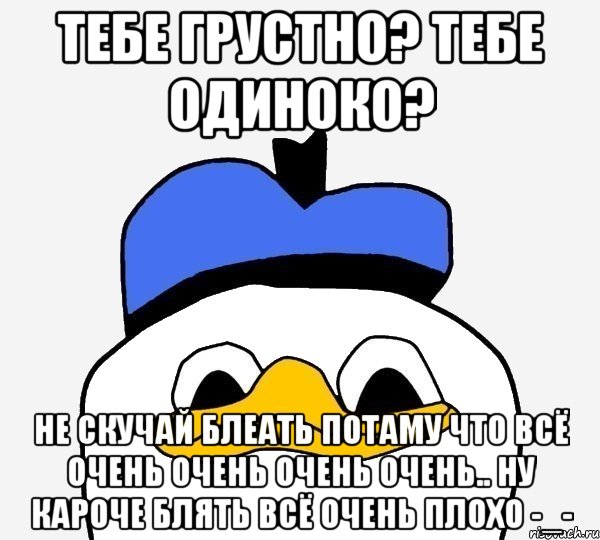 ТЕБЕ ГРУСТНО? ТЕБЕ ОДИНОКО? НЕ СКУЧАЙ БЛЕАТЬ ПОТАМУ ЧТО ВСЁ ОЧЕНЬ ОЧЕНЬ ОЧЕНЬ ОЧЕНЬ.. НУ КАРОЧЕ БЛЯТЬ ВСЁ ОЧЕНЬ ПЛОХО -_-, Мем Утка