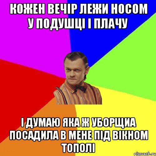 Кожен вечір лежи носом у подушці і плачу І думаю яка ж уборщиа посадила в мене під вікном тополі