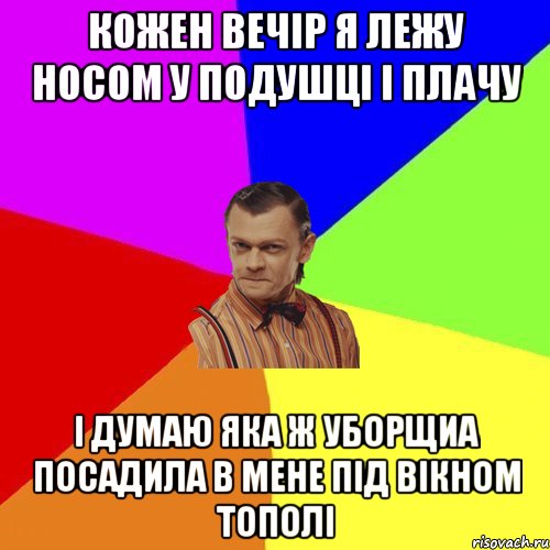 Кожен вечір Я лежу носом у подушці і плачу І думаю яка ж уборщиа посадила в мене під вікном тополі