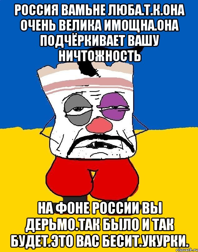 Россия вамьне люба.т.к.она очень велика имощна.она подчёркивает вашу ничтожность На фоне россии вы дерьмо.так было и так будет.это вас бесит.укурки., Мем Западенец - тухлое сало