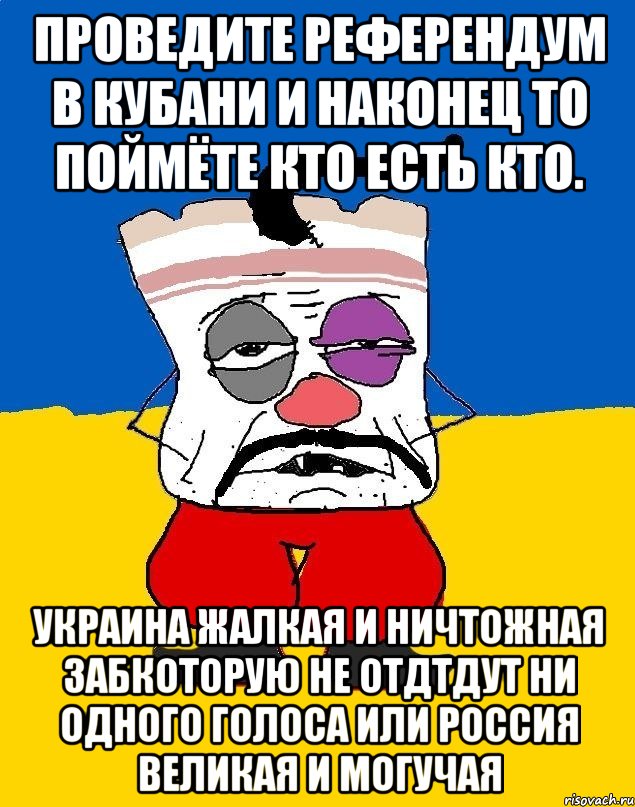 Проведите референдум в кубани и наконец то поймёте кто есть кто. Украина жалкая и ничтожная забкоторую не отдтдут ни одного голоса или россия великая и могучая, Мем Западенец - тухлое сало