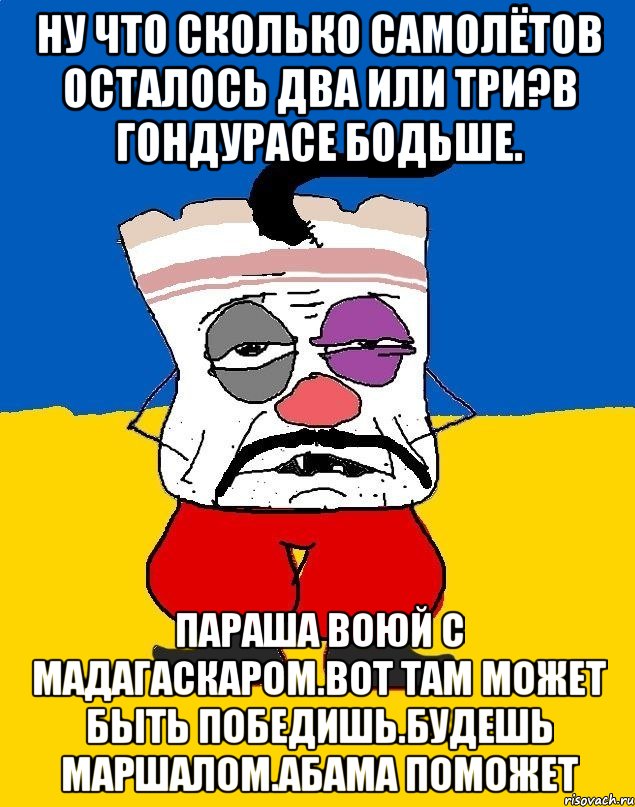 Ну что сколько самолётов осталось два или три?в гондурасе бодьше. Параша воюй с мадагаскаром.вот там может быть победишь.будешь маршалом.абама поможет, Мем Западенец - тухлое сало