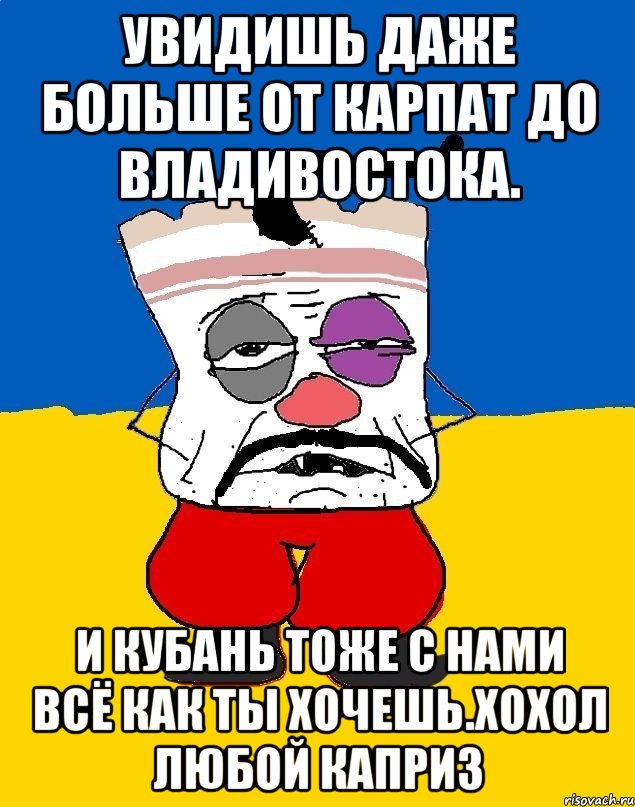 Увидишь даже больше от карпат до владивостока. И кубань тоже с нами всё как ты хочешь.хохол любой каприз, Мем Западенец - тухлое сало