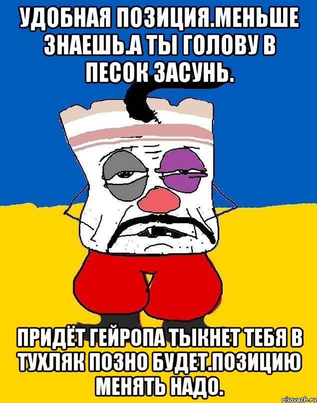 Удобная позиция.меньше знаешь.а ты голову в песок засунь. Придёт гейропа тыкнет тебя в тухляк позно будет.позицию менять надо., Мем Западенец - тухлое сало