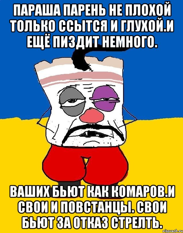 Параша парень не плохой только ссытся и глухой.и ещё пиздит немного. Ваших бьют как комаров.и свои и повстанцы. Свои бьют за отказ стрелТь., Мем Западенец - тухлое сало